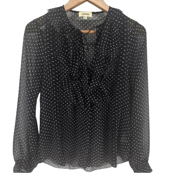 L'Agence Tabitha Black Star Print Sheer Ruffle Tie Neck Long Sleeve Blouse XS - Picture 1 of 5